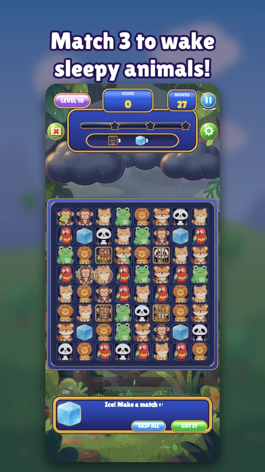 Dream Zoo screenshot: Match 3 to wake sleepy animals