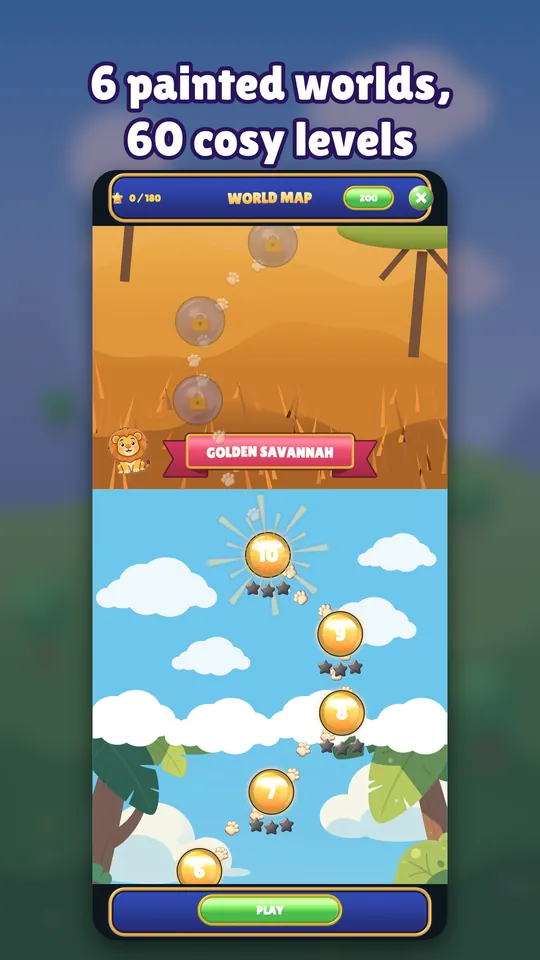 Dream Zoo screenshot: World map: 6 painted worlds, 60 cosy levels